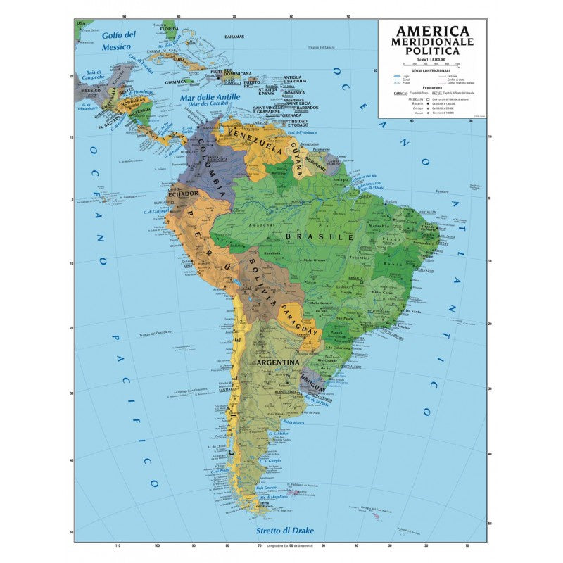 Carta Murale America Del Sud Fisica+Politica Manifattura Del Tigullio