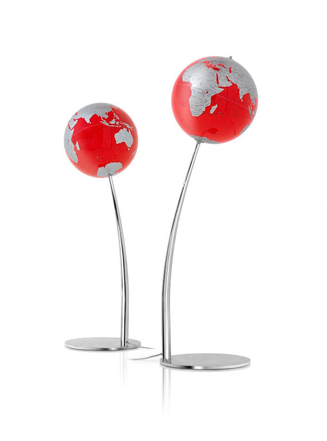 Mappamondo luminoso con sfera rossa e supporto acciaio